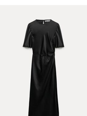 Zara Black Satin Short-Sleeve Maxi Dress with Waist Tie